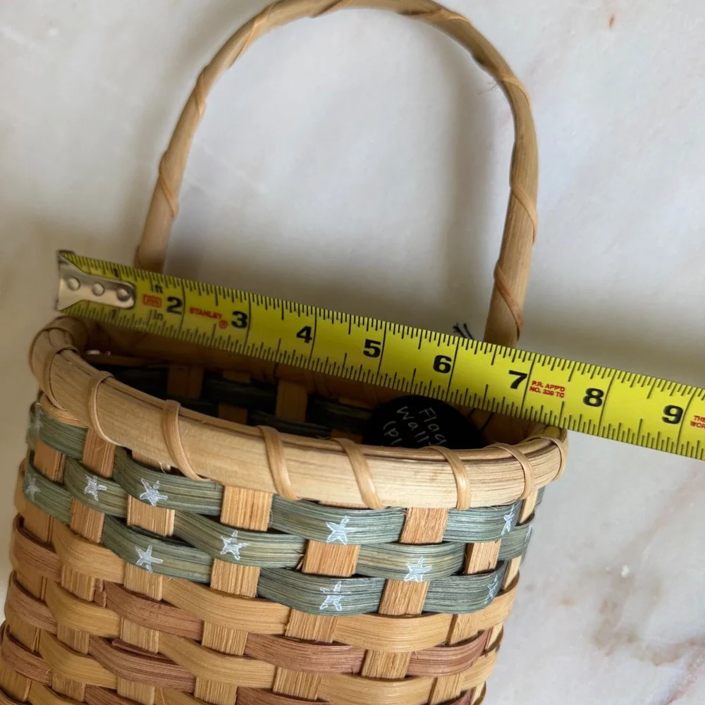Handmade Woven Splint Wall Basket Americana Patriotic Stars Flag Decor Hanging